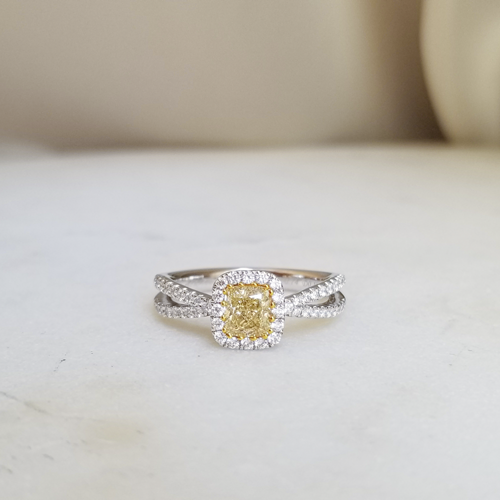 Yellow Diamond Ring with Split Band in 18K White Gold 0.74ct