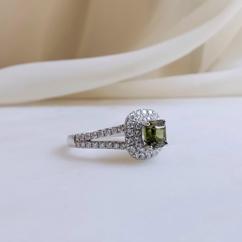 18K Double Halo Cushion Green Sapphire Ring