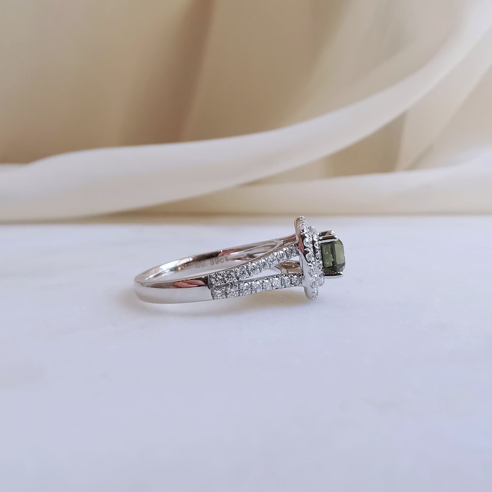 18K Double Halo Cushion Green Sapphire Ring