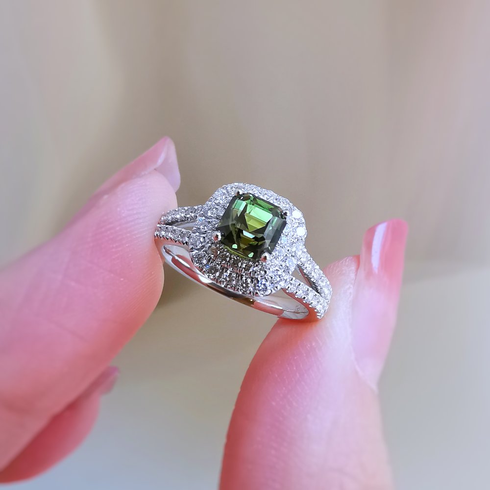 18K Double Halo Cushion Green Sapphire Ring