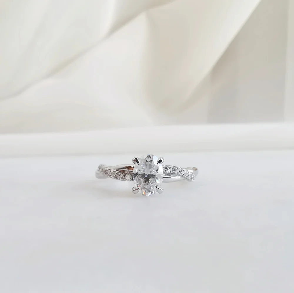 18K Wisteria Oval Solitaire Moissanite Ring with Diamonds