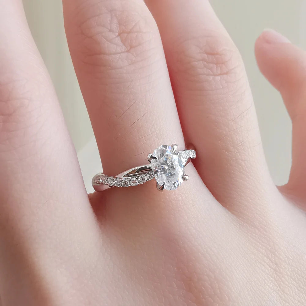 18K Wisteria Oval Solitaire Moissanite Ring with Diamonds