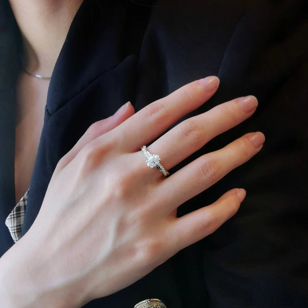 18K Wisteria Oval Solitaire Moissanite Ring with Diamonds