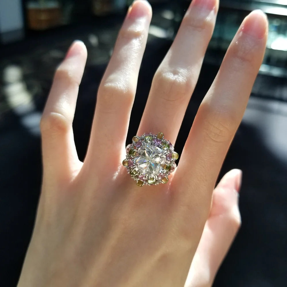 18K Bonbon Moissanite Diamond Ring with Peridot & Pink Sapphire
