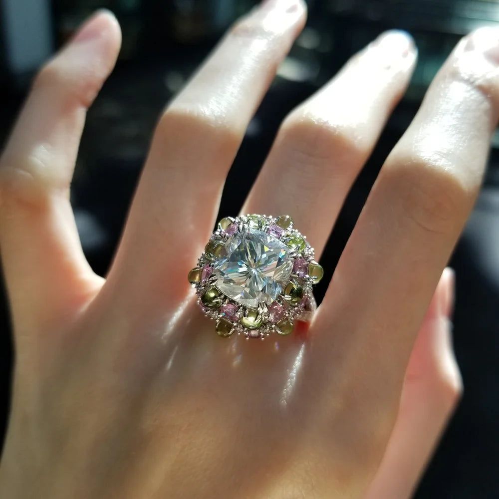 18K Bonbon Moissanite Diamond Ring with Peridot & Pink Sapphire