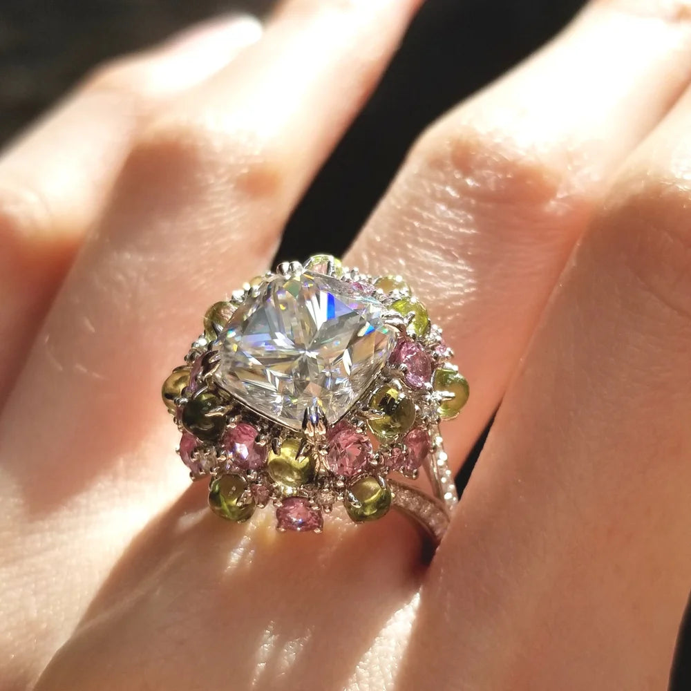 18K Bonbon Moissanite Diamond Ring with Peridot & Pink Sapphire