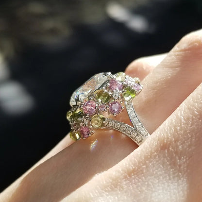 18K Bonbon Moissanite Diamond Ring with Peridot & Pink Sapphire