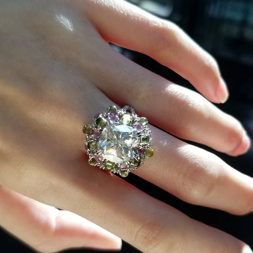 18K Bonbon Moissanite Diamond Ring with Peridot & Pink Sapphire