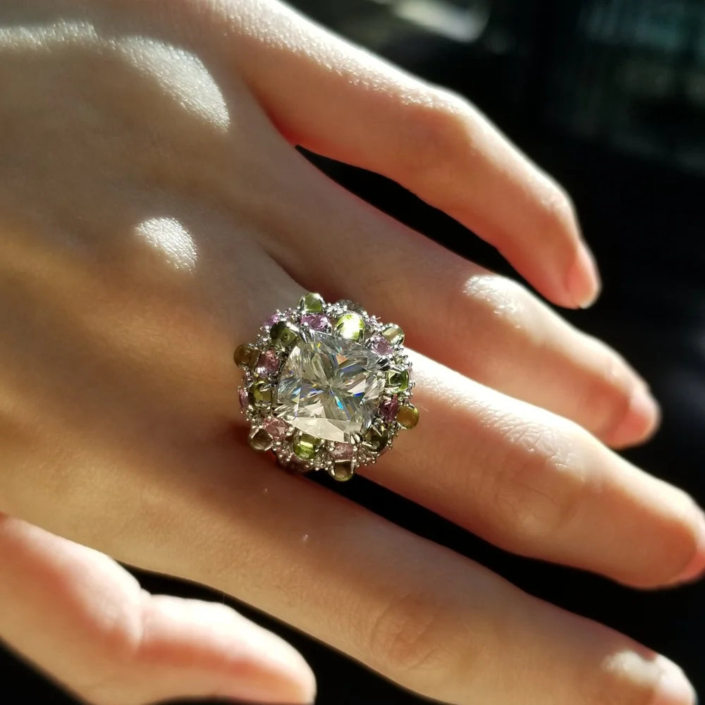 18K Bonbon Moissanite Diamond Ring with Peridot & Pink Sapphire