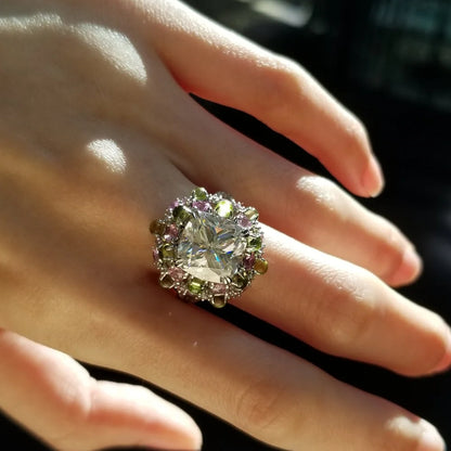 18K Bonbon Moissanite Diamond Ring with Peridot & Pink Sapphire