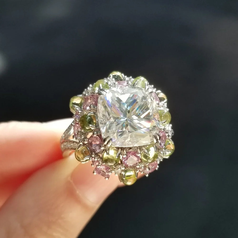 18K Bonbon Moissanite Diamond Ring with Peridot & Pink Sapphire