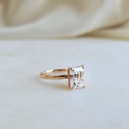 14K Emerald Cut Moissanite Ring with Hidden Halo