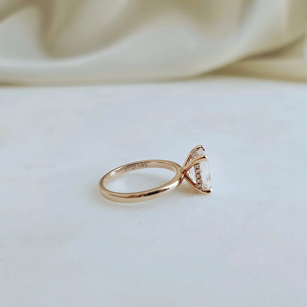 14K Emerald Cut Moissanite Ring with Hidden Halo