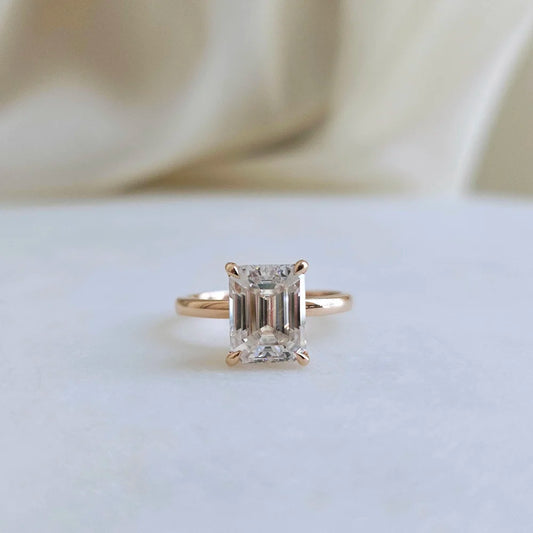 14K Emerald Cut Moissanite Ring with Hidden Halo