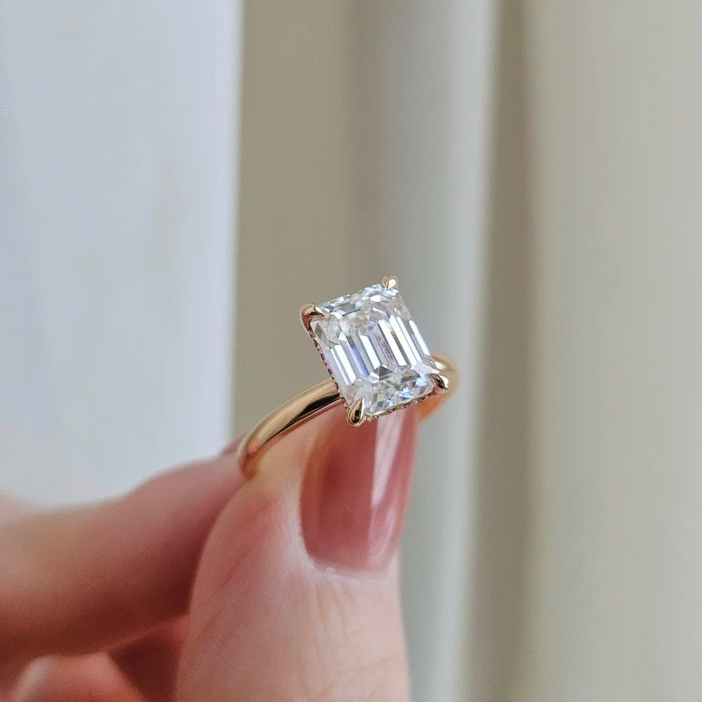 14K Emerald Cut Moissanite Ring with Hidden Halo