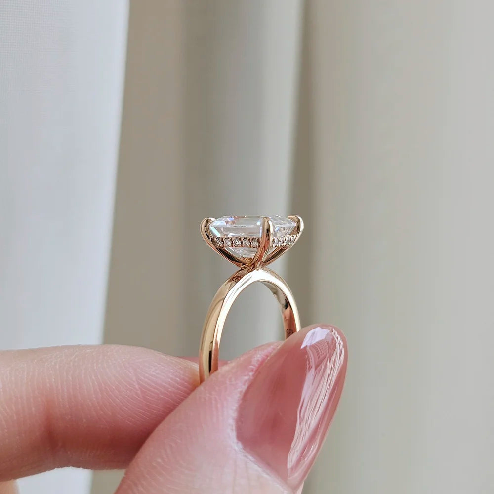 14K Emerald Cut Moissanite Ring with Hidden Halo