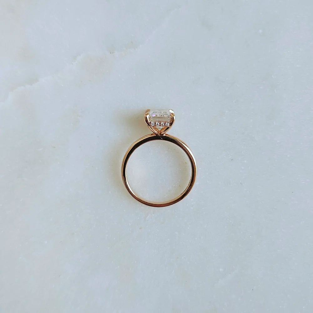 14K Emerald Cut Moissanite Ring with Hidden Halo