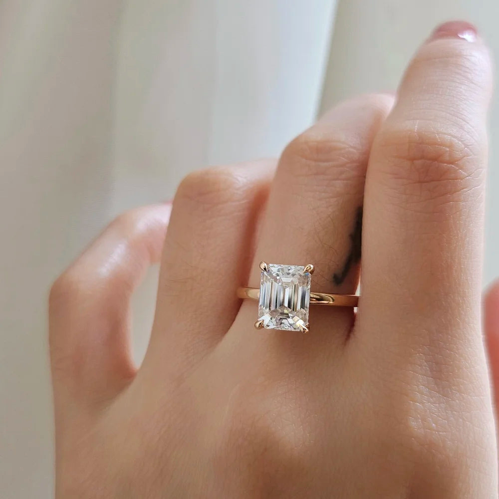 14K Emerald Cut Moissanite Ring with Hidden Halo