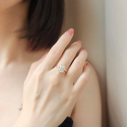 14K Emerald Cut Moissanite Ring with Hidden Halo