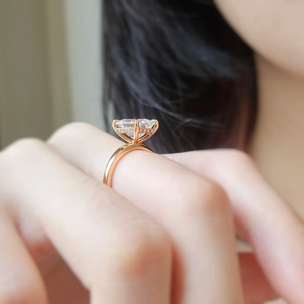 14K Emerald Cut Moissanite Ring with Hidden Halo