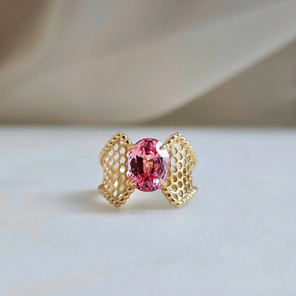 18K Lab Padparadscha Gold Ring