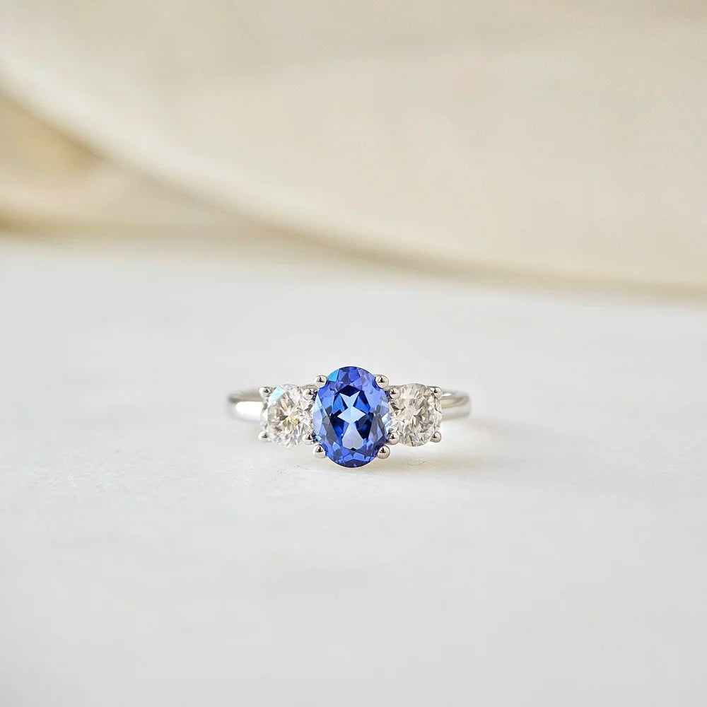 18K Liliana Lab Blue Sapphire Three Stone Ring - Smaller Version