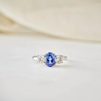 18K Liliana Lab Blue Sapphire Three Stone Ring - Smaller Version