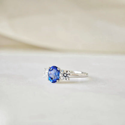 18K Liliana Lab Blue Sapphire Three Stone Ring - Smaller Version