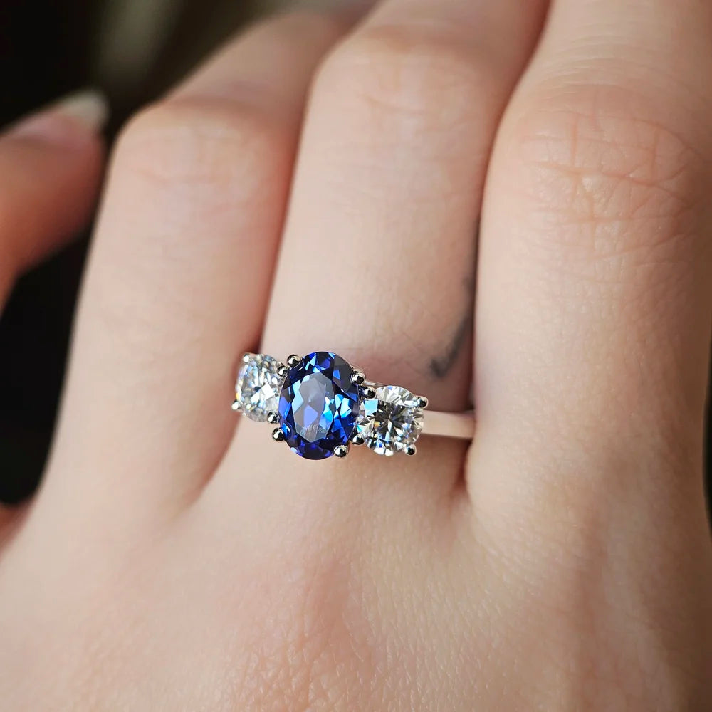 18K Liliana Lab Blue Sapphire Three Stone Ring - Smaller Version