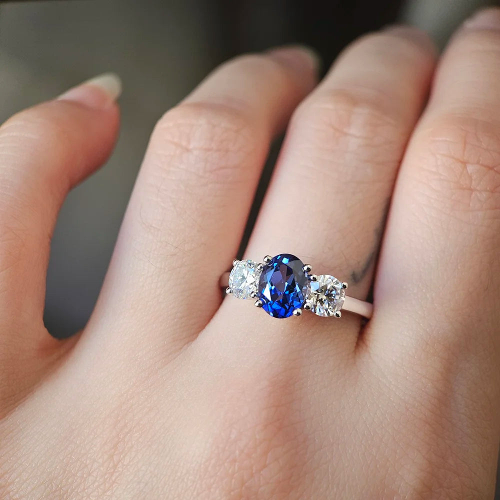 18K Liliana Lab Blue Sapphire Three Stone Ring - Smaller Version