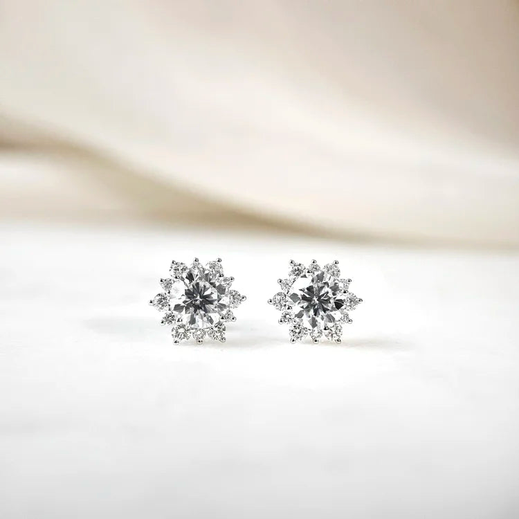 18K Gianna Round Moissanite with Diamond Snowflake Stud Earrings (1.00cts)