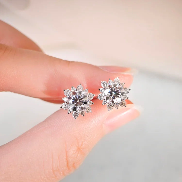 18K Gianna Round Moissanite with Diamond Snowflake Stud Earrings (1.00cts)