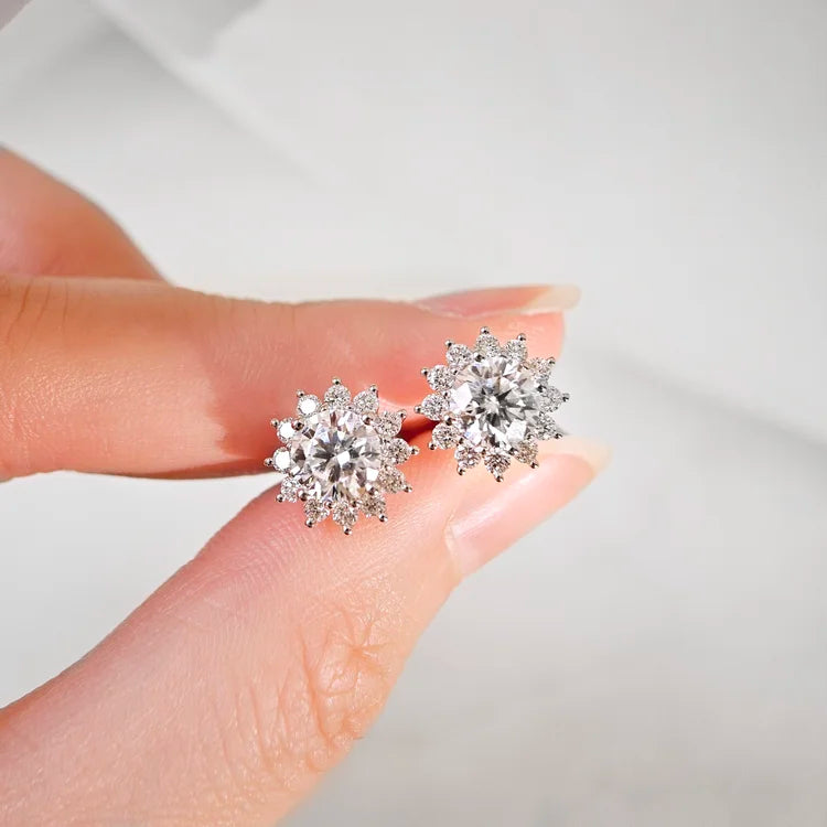 18K Adelina Round Moissanite with Diamond Snowflake Stud Earrings