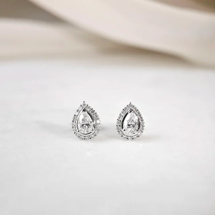 18K Beatrice Pear Moissanite with Diamond Halo Stud Earrings