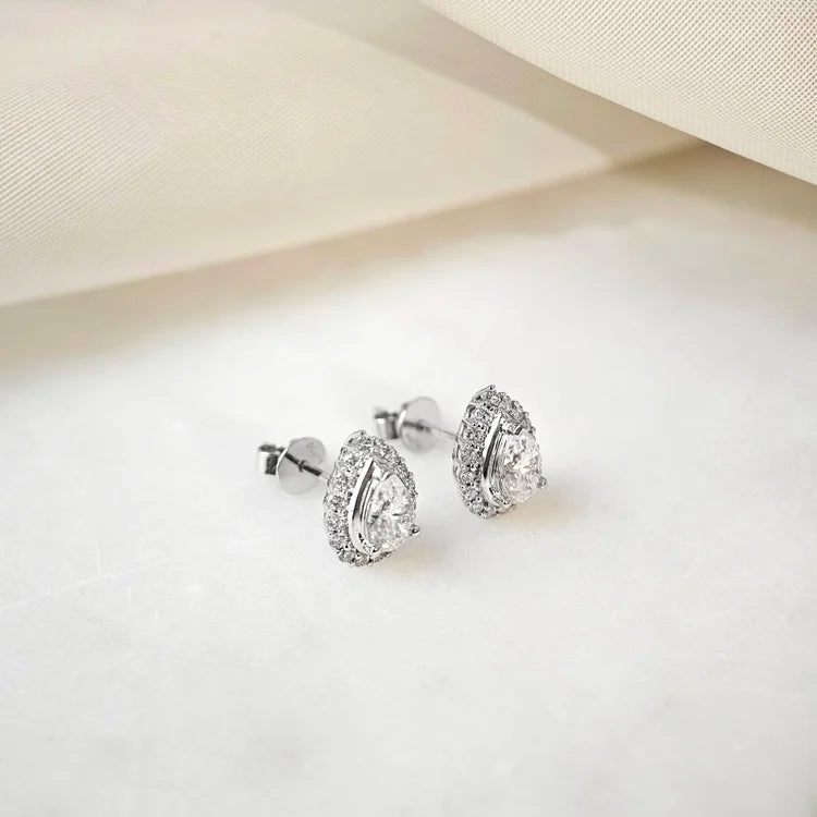18K Beatrice Pear Moissanite with Diamond Halo Stud Earrings