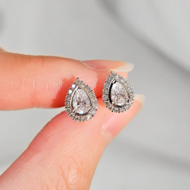 18K Beatrice Pear Moissanite with Diamond Halo Stud Earrings