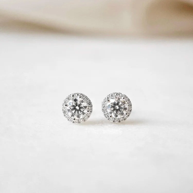 18K Guilia Round Moissanite with Diamond Halo Stud Earrings