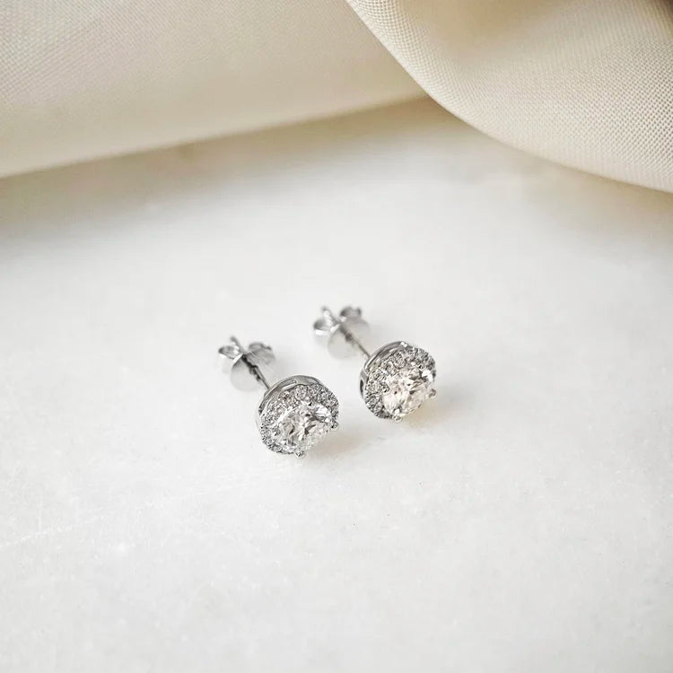 18K Guilia Round Moissanite with Diamond Halo Stud Earrings