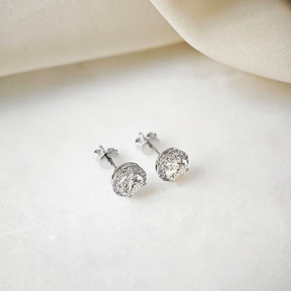18K Guilia Round Moissanite with Diamond Halo Stud Earrings