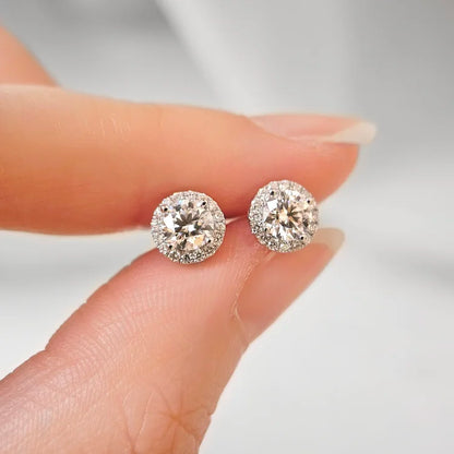 18K Guilia Round Moissanite with Diamond Halo Stud Earrings