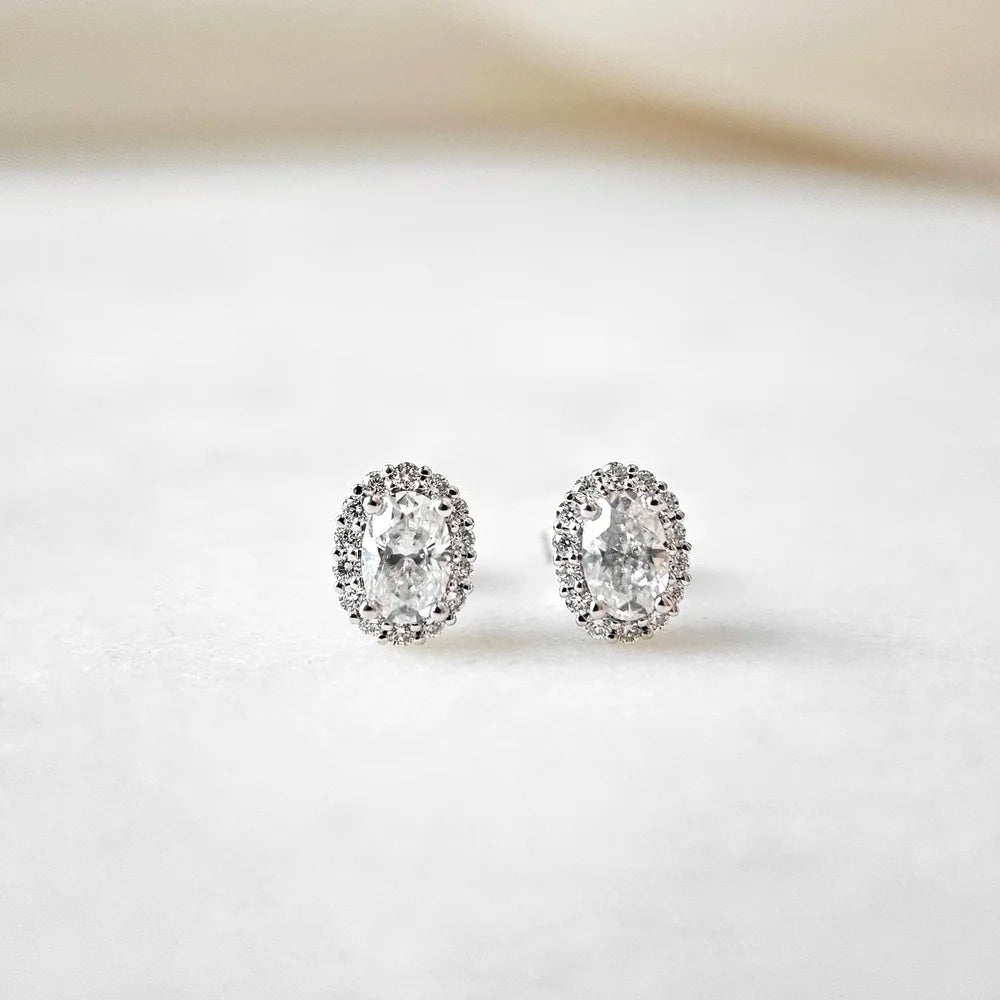 18K Alessia Oval Moissanite with Diamond Halo Stud Earrings