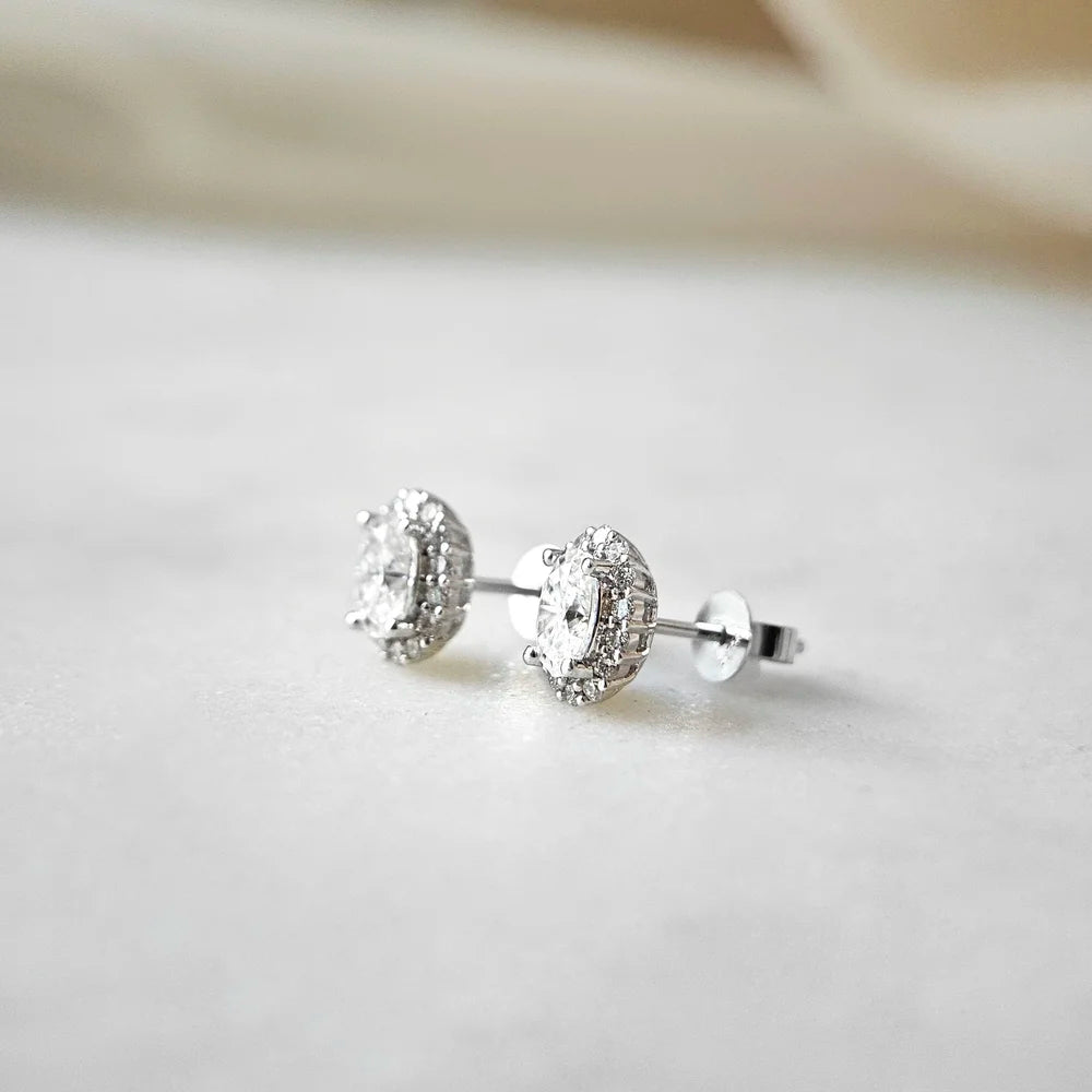 18K Alessia Oval Moissanite with Diamond Halo Stud Earrings