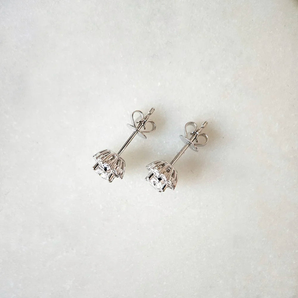 18K Alessia Oval Moissanite with Diamond Halo Stud Earrings