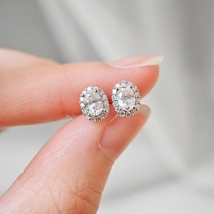 18K Alessia Oval Moissanite with Diamond Halo Stud Earrings