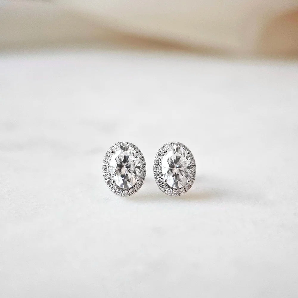 18K Alessandra Oval Moissanite with Diamond Halo Stud Earrings