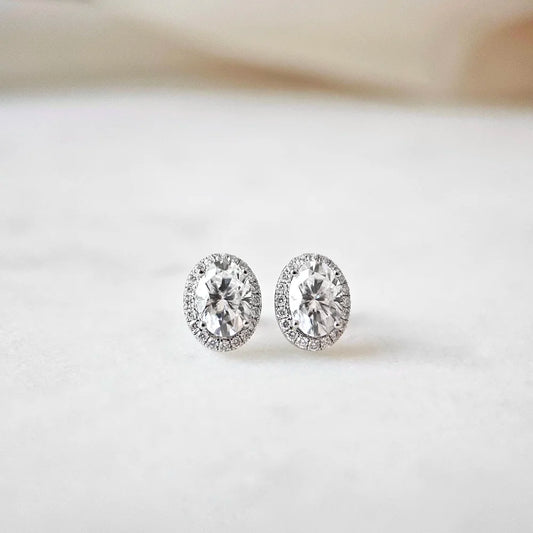 18K Alessandra Oval Moissanite with Diamond Halo Stud Earrings