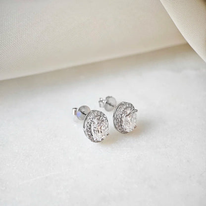 18K Alessandra Oval Moissanite with Diamond Halo Stud Earrings