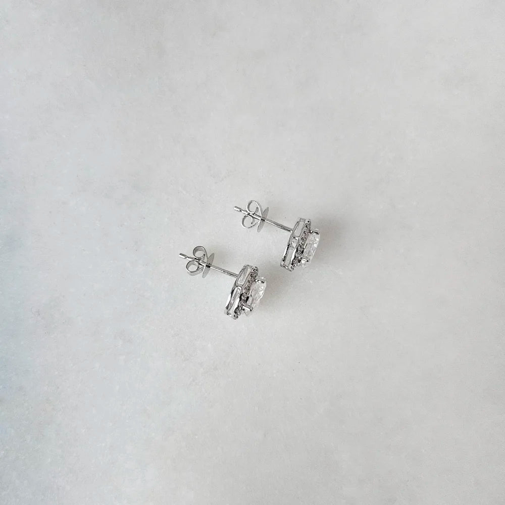 18K Alessandra Oval Moissanite with Diamond Halo Stud Earrings