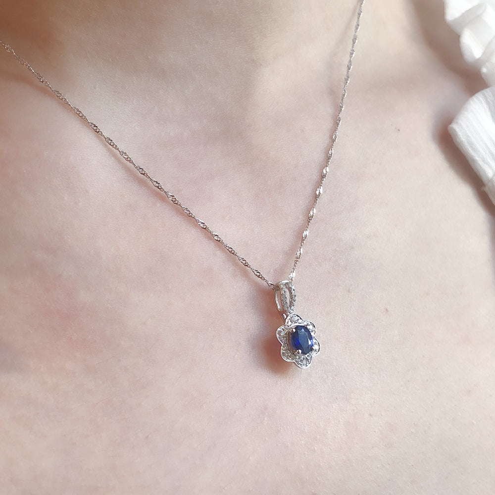 18K Vintage Florals Blue Sapphire and Diamond Pendant