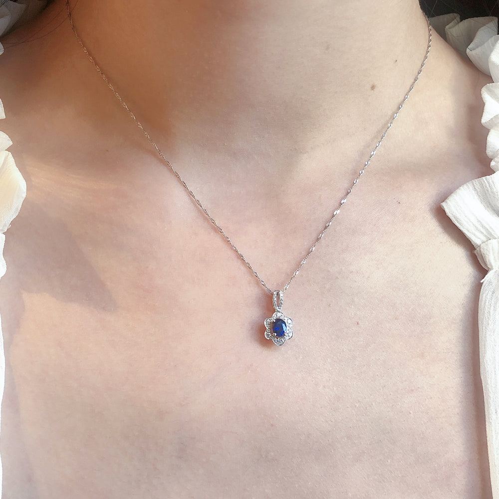 18K Vintage Florals Blue Sapphire and Diamond Pendant